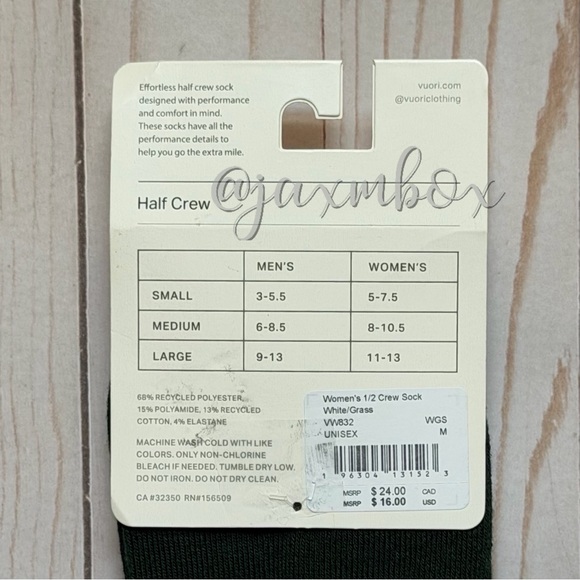 NWT Vuori Half Crew Sock White/Grass Unisex Size Medium - Picture 3 of 3